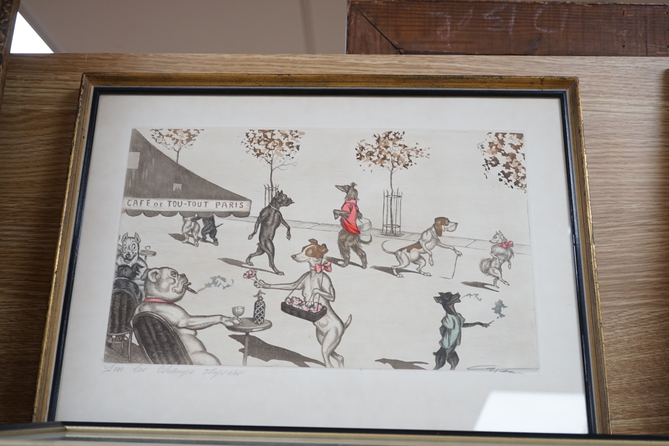 Boris O'Klein, two coloured etchings from the Dirty Dogs of Paris series, 20 x 49cm and 28 x 40cm